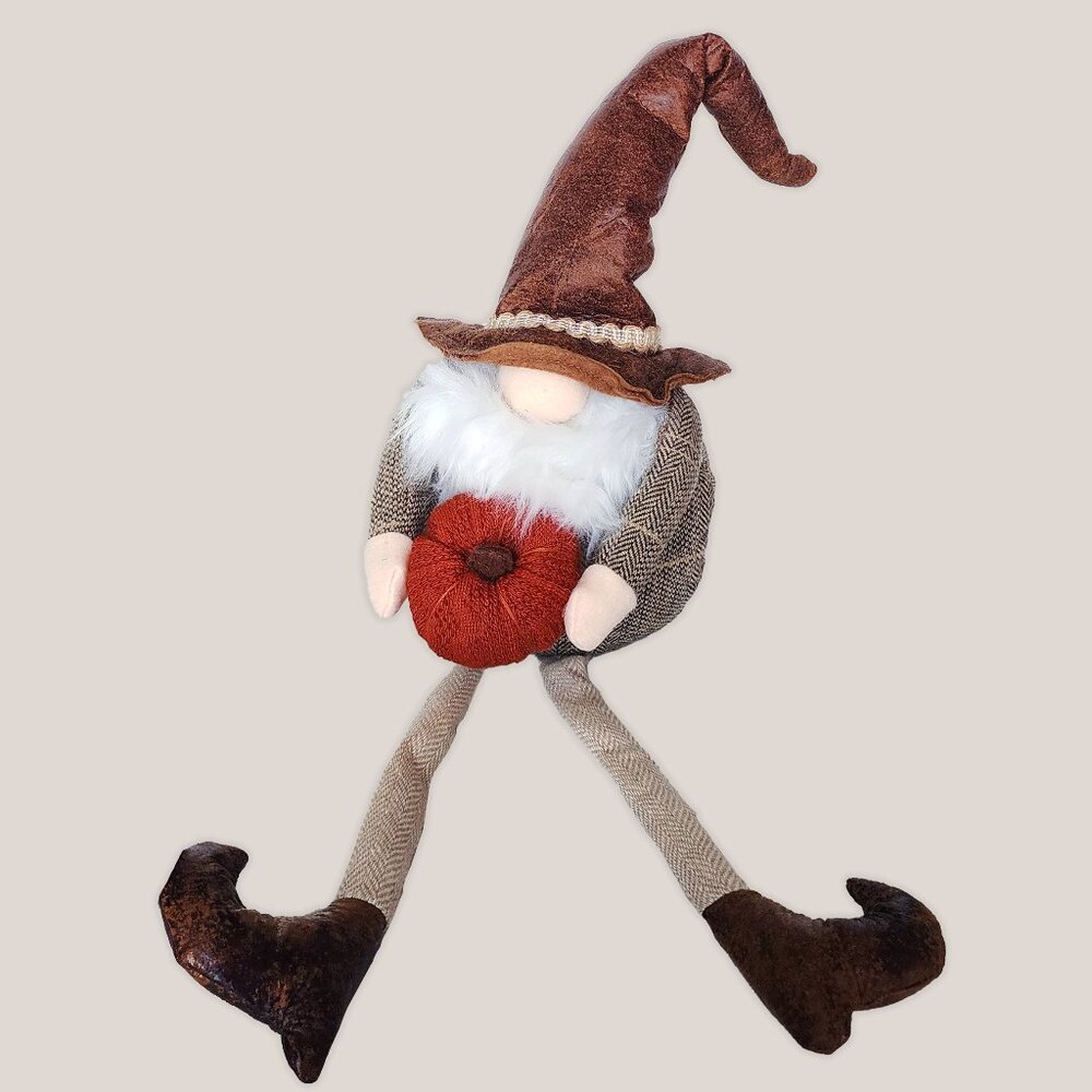 THANKSGIVING GNOME w/ Felt Pumpkin by Gardeners Eden | Plush Plaid Brown Decor